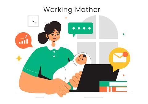 Working Mother Vector Illustration featuring a Mother who Juggles Work and .. Stock Illustration