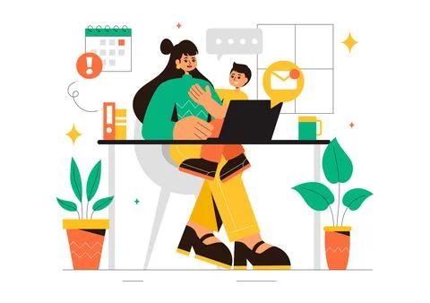 Working Mother Vector Illustration featuring a Mother who Juggles Work and .. Stock Illustration
