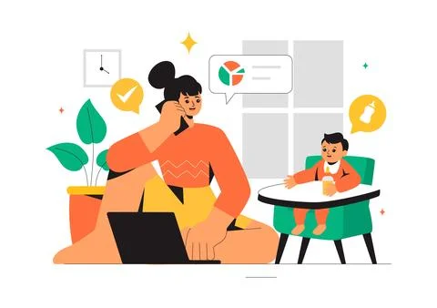Working Mother Vector Illustration featuring a Mother who Juggles Work and .. Illustrazione stock