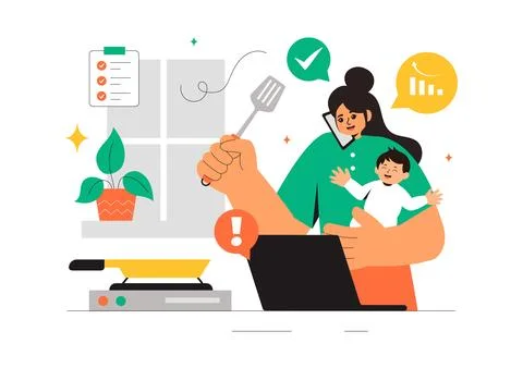 Working Mother Vector Illustration featuring a Mother who Juggles Work and .. Illustrazione stock
