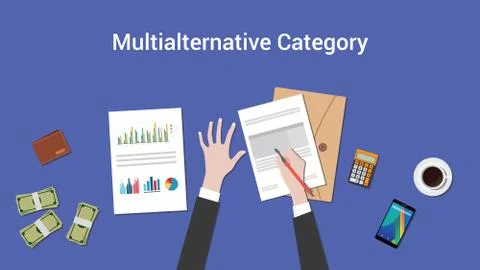 Working on multialternative category concept with paperwork  top of tabl Stock-Illustration