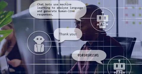 Working in office, man using computer with AI chatbots and binary code overlay 스톡 사진