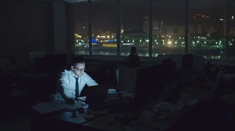 Working in Office at Night Stock Footage 65247578
