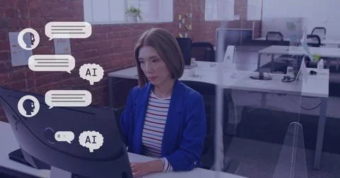 Working in office, woman using computer with AI chat interface for communication Stock Photos