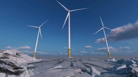 Working offshore wind farm, time lapse view. 3D rendering Stock Footage 294909977