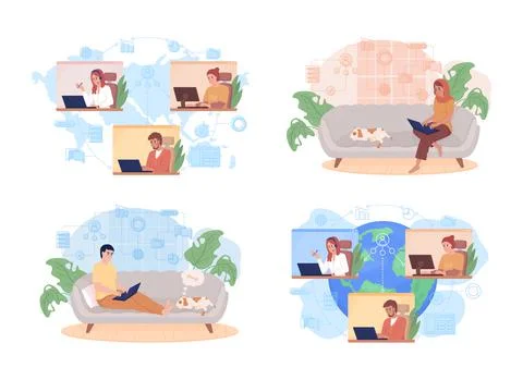 Working online 2D vector isolated illustration set 스톡 일러스트