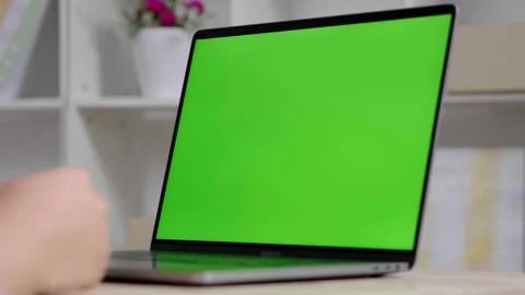 Working online conference using Laptop networking green screen device Video stock 153069620