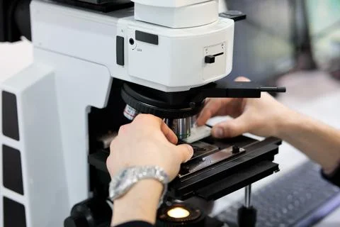 Working with optical microscope in laboratory Stock Photos