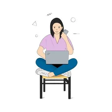 Working or studying concept. A young woman sits with laptop and phone. Stock Illustration