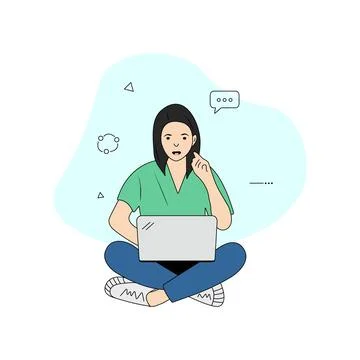 Working or studying concept. A young woman sits with a laptop, video calling. Stock Illustration