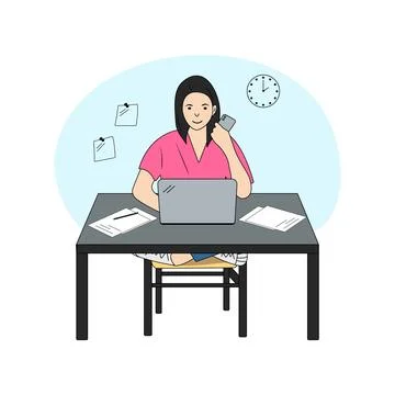 Working or studying concept. Young woman sits at the table with laptop. Illustrazione stock