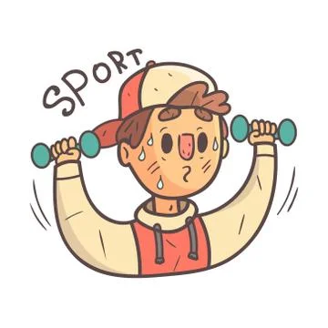 Working Out In Gym Boy In Cap And College Jacket Hand Drawn Emoji Cool Outlined Illustrazione stock