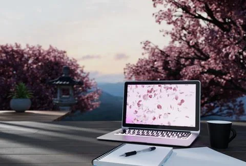 Working Outdoors With A Laptop During Cherry Blossom Season Stock Illustration