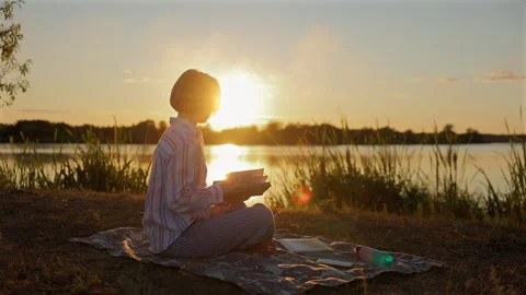Working outdoors in tranquility as the sun sets over the water Stock Footage 346721376