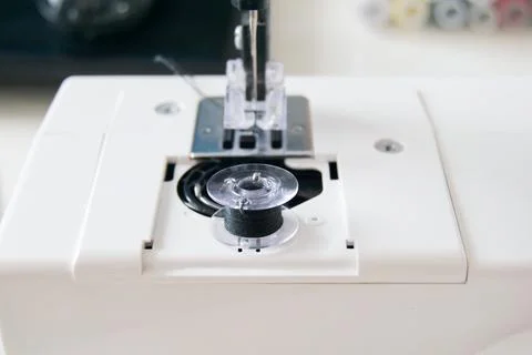 Working part of a home sewing machine for handicrafts. Selective focus on p.. Stock Photos