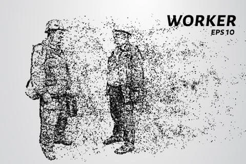 Working of the particles. Silhouette of a worker consists of circles and poin Stock Illustration