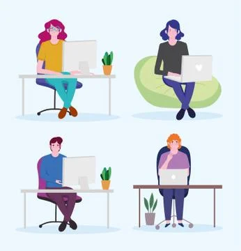 Working people set, man and women with laptop working workspace Illustrazione stock