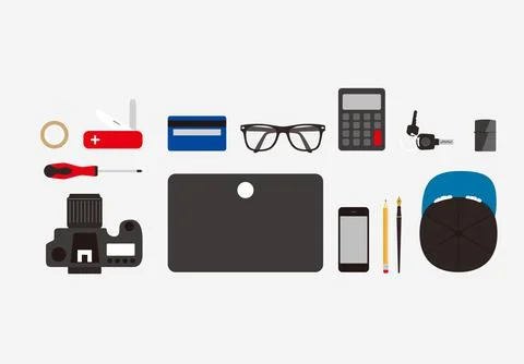 Working place, computer and other things on the desk, vector illustration Stock Illustration