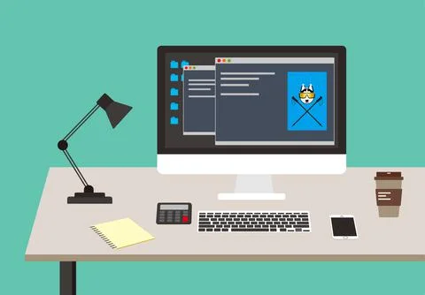 Working place, computer and other things on the desk, vector illustration Stock Illustration