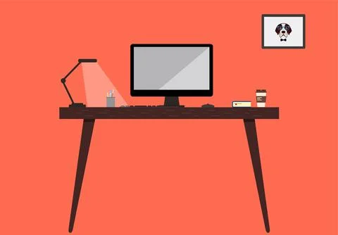 Working place, computer and other things on the desk, vector illustration Stock-Illustration