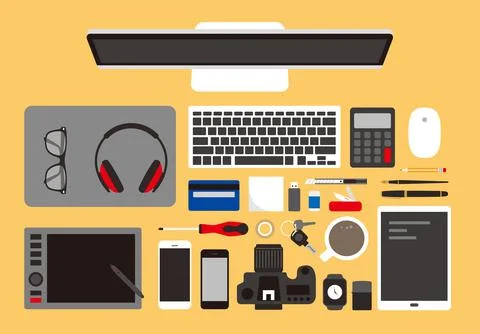 Working place, computer and other things on the desk, vector illustration Stock Illustration