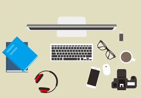 Working place, computer and other things on the desk, vector illustration Stock Illustration
