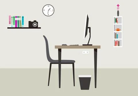 Working place, computer and other things on the desk, vector illustration Stock Illustration