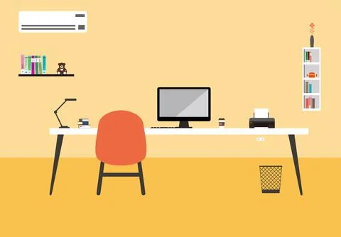 Working place, computer and other things on the desk, vector illustration Illustrazione stock
