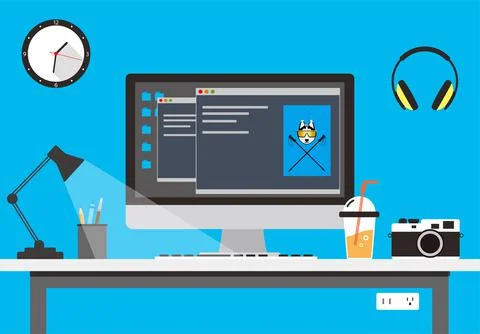 Working place, computer and other things on the desk, vector illustration Stock Illustration