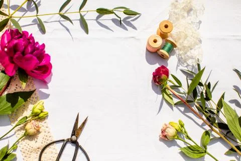 Working place of creative and full of ideas floral designer Stock Photos