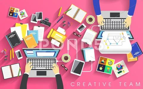 Working place of creative team in flat Stock Illustration