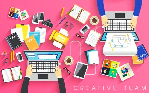 Working place of creative team in flat Stock Illustration