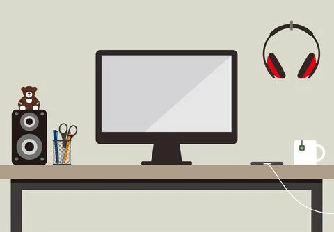 Working place desk and speaker, Computer, laptop, cup Stock Illustration