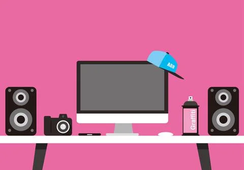 Working place, desk with computer and other things, vector illustration Stock Illustration