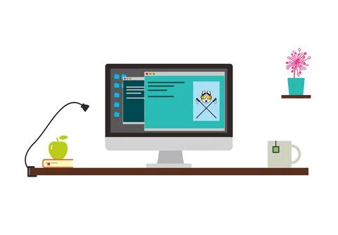 Working place, desk with computer and other things, vector illustration Stock Illustration