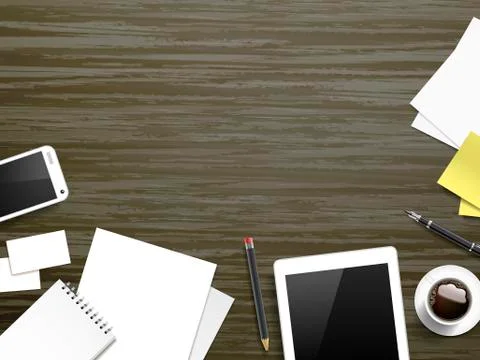 Working place elements over wooden table Ilustração Stock