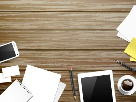 Working place elements over wooden table Stock Illustration