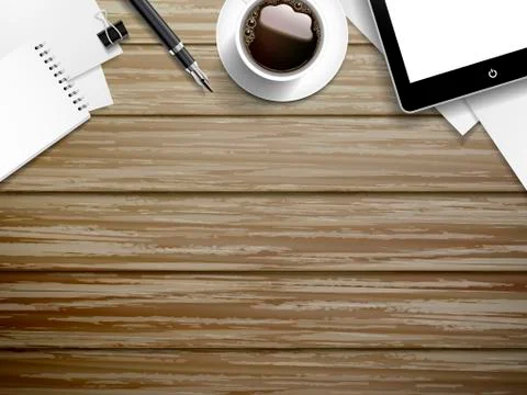 Working place elements on wooden background Stock Illustration