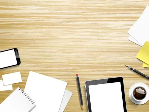 Working place elements on wooden background Stock Illustration