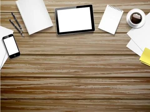 Working place elements on wooden table Stock Illustration