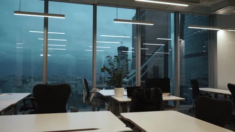 Working Place in modern Office interior in Moscow city. Slide camera Stock Footage 184456746
