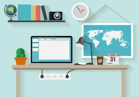 Working Place Modern Office Interior Flat Design Vector Illustra Stock Illustration
