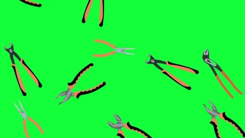Working pliers tools elements falling animation, seamless loop on green screen c Stock Footage 129895256