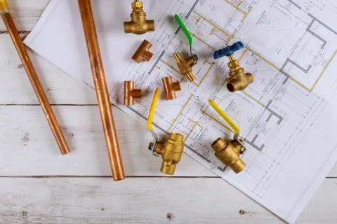Working plumbing tools different pipe, tube, fittings connectors Stock Photos