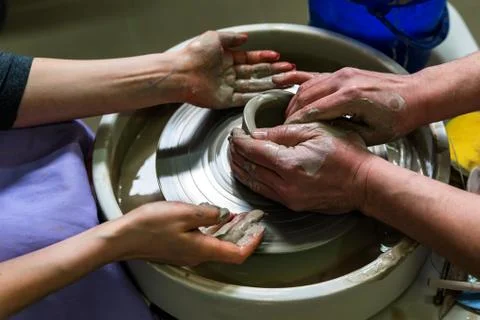 Working on potter's wheel close Stock Photos