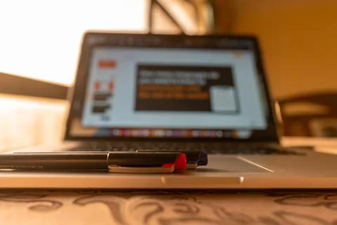 Working on a presentation | Work From Home (WFH), freelance, school home work Stock Photos