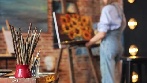 Working process in art studio. Set of painting brushes and palette. Painter Video stock 161960493