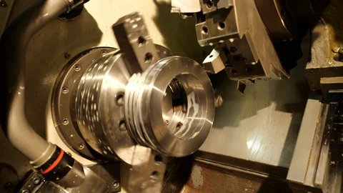 Working process of cnc lathe equipment in the heavy industrial factory Video stock 120064267