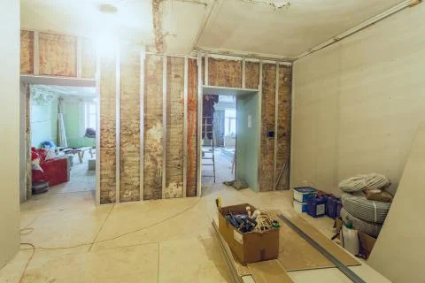 Working process of installing metal frames for plasterboard - drywall - for Stock Photos