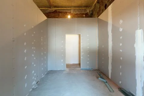 Working process of installing metal frames for plasterboard - drywall - for Stock Photos